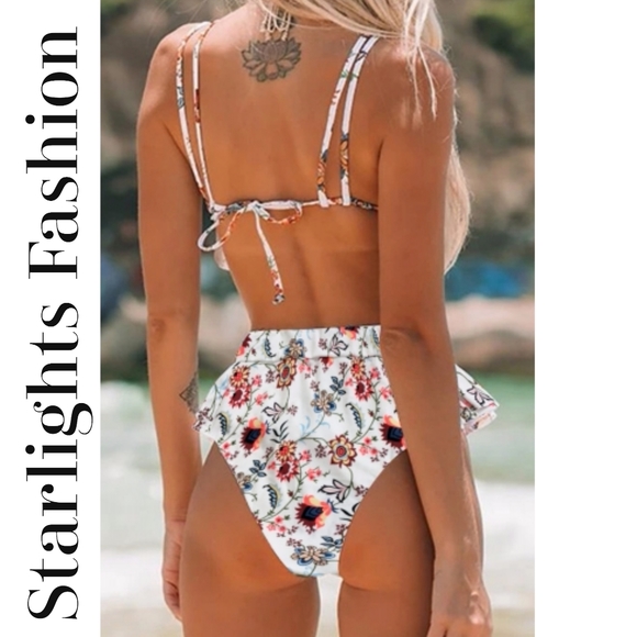 White Floral Print Ruffles High-waisted Bikini Set - Picture 2 of 5